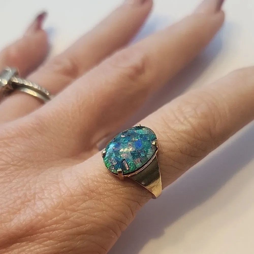 10K Yellow Gold Opal Mosaic And Glass Triplet Cocktail Ring Size 6.75 Signed KF - Picture 5 of 5